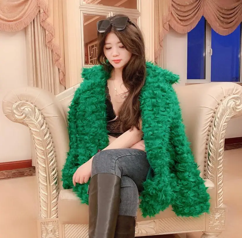 2019 Womens Autumn And Winter Green Lapel Collar Fake Fur Outwears S/Xl Female Sexy Warm Man-Made Coats Faux Jackets K1111 | Женская