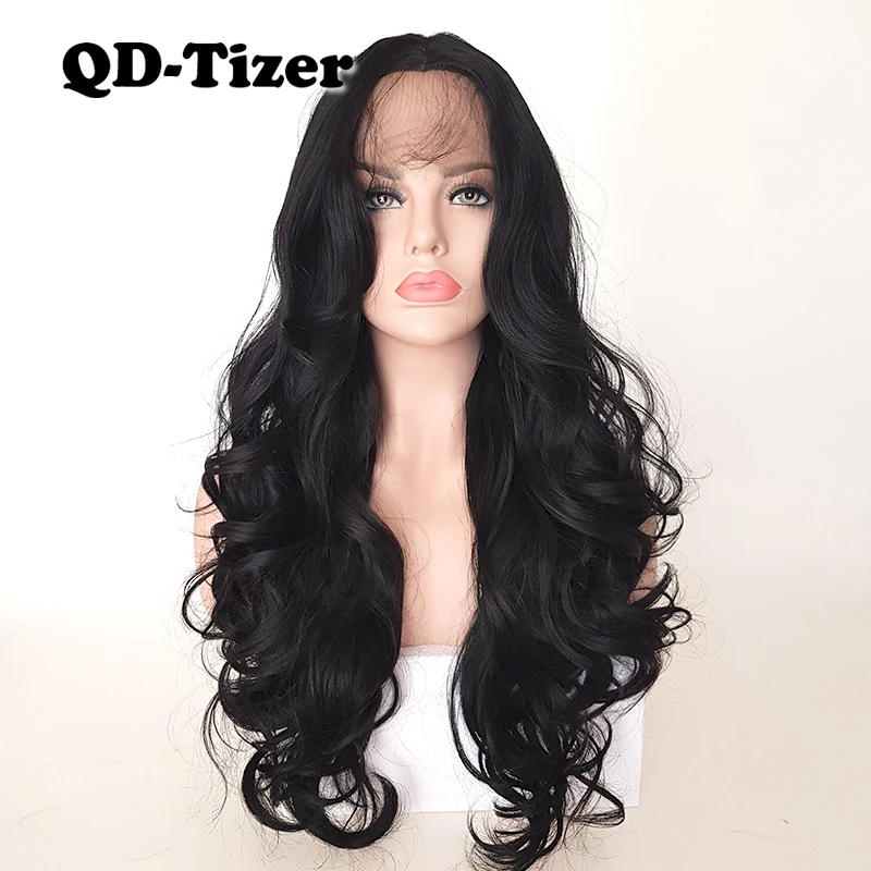 QD Tizer длинный черный волнистый синтетический кружевной передний парик с волосами