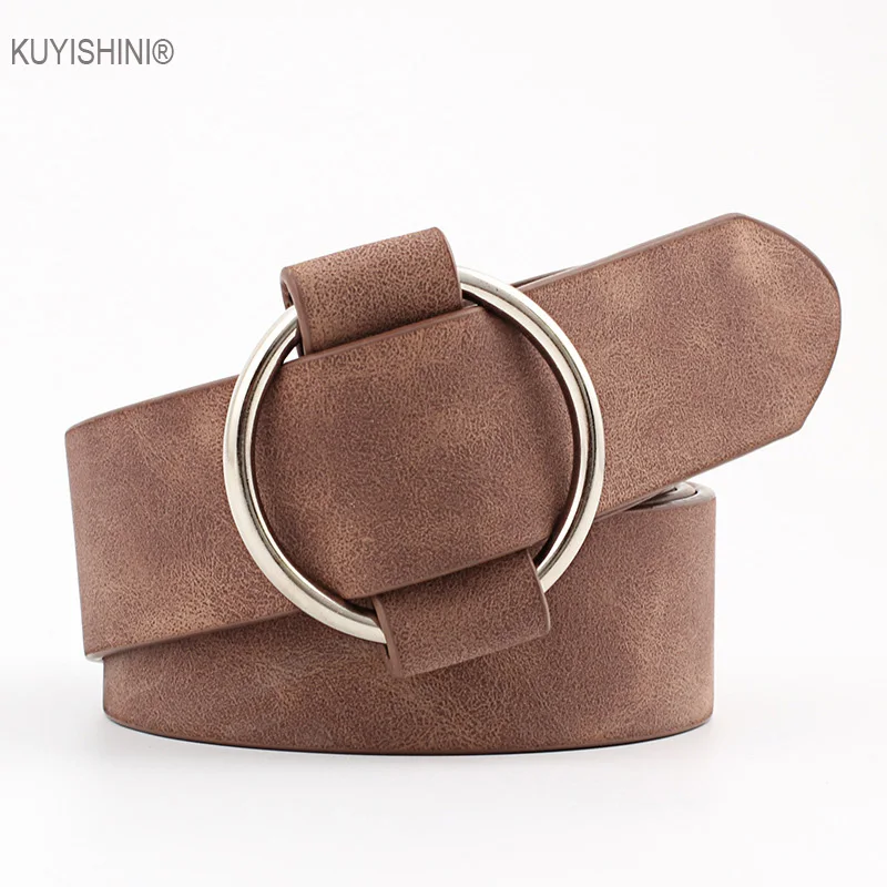 Female Casual Round Buckle Wide Belts Women Dress Jeans Belt Woman Ladies Faux Suede Leather Straps Ceinture Black Pink Red