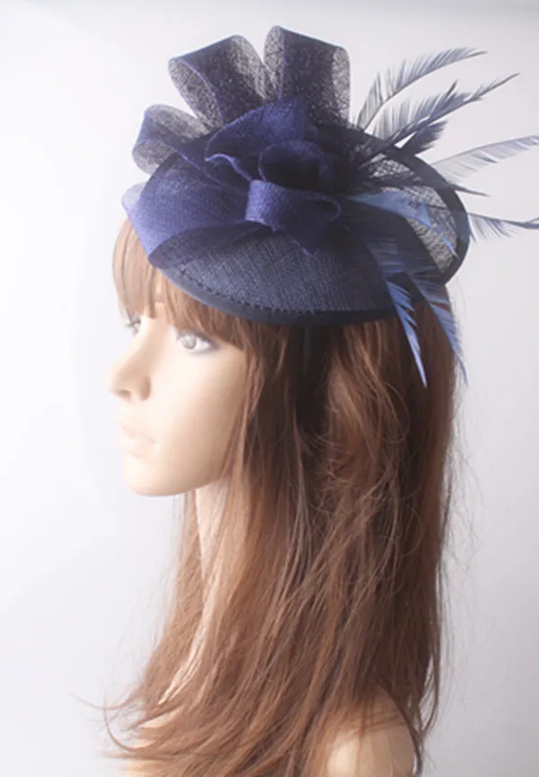 Navy Cocktail Hat Sinamay Base And Trim With Feather Flower Adorned Fashion Party Accasion Hair Accessories Church Headband | Аксессуары