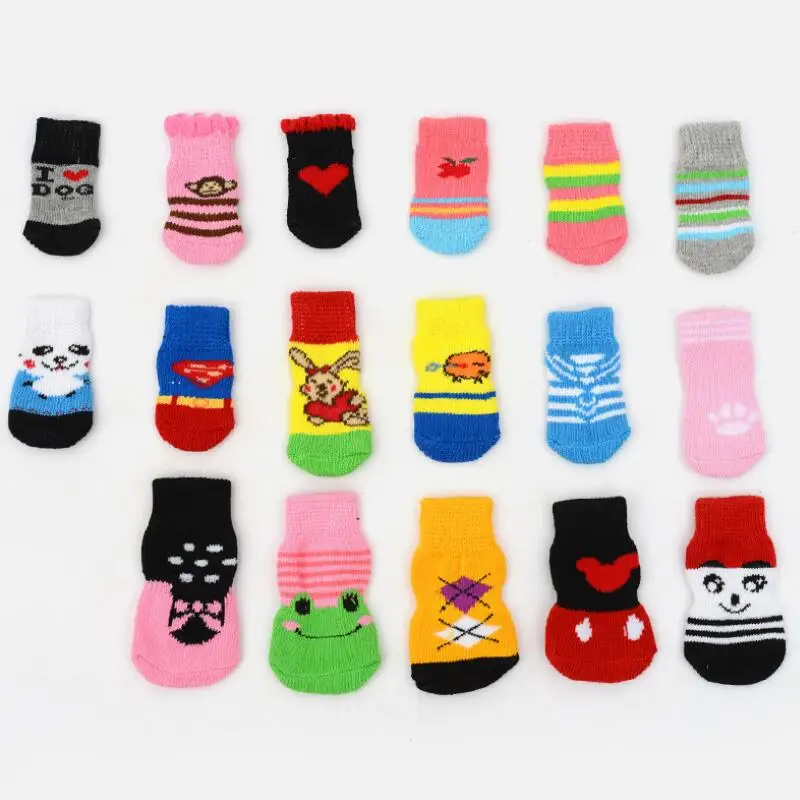 

4Pcs Pets Dogs Socks Small Cat Puppy Dog Knits Socks Warm Anti Slip Skid Bottom Shoes Random Color