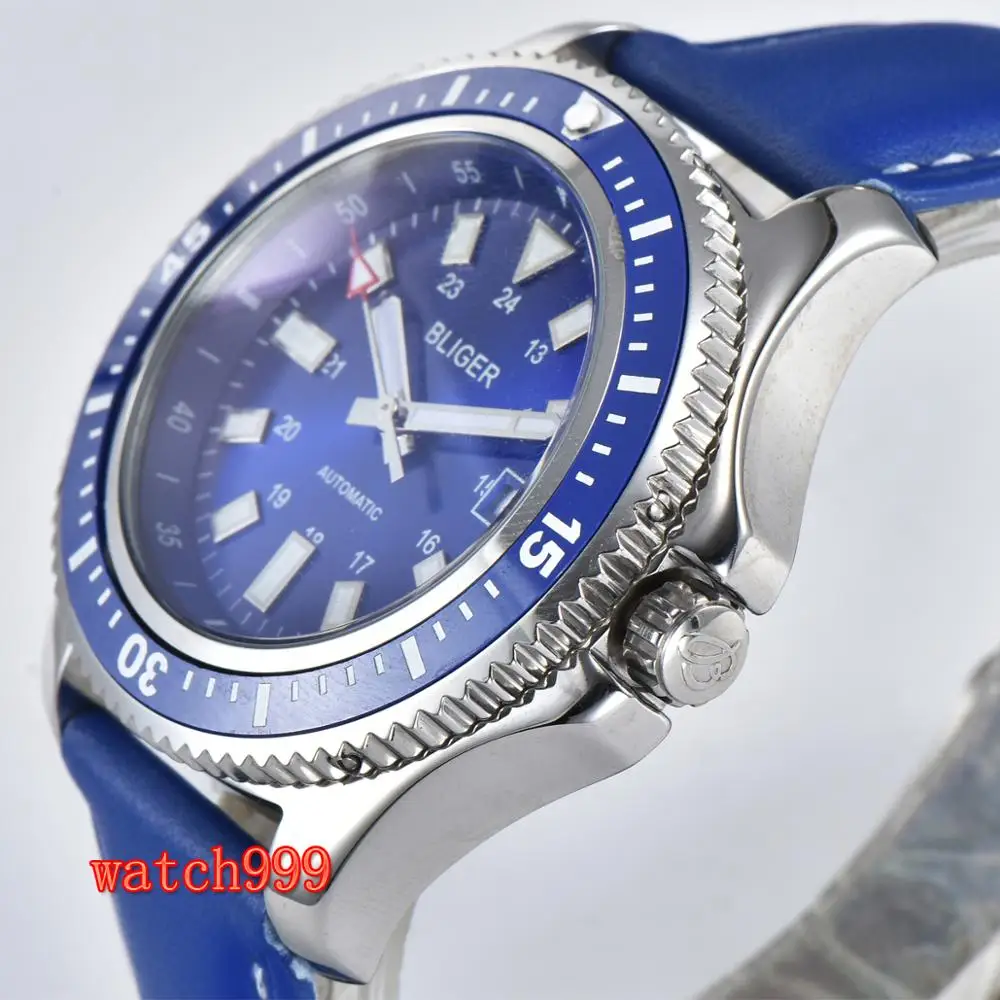 Мужские часы с керамическим ободком Bliger 44 мм светящиеся стальные автоматические