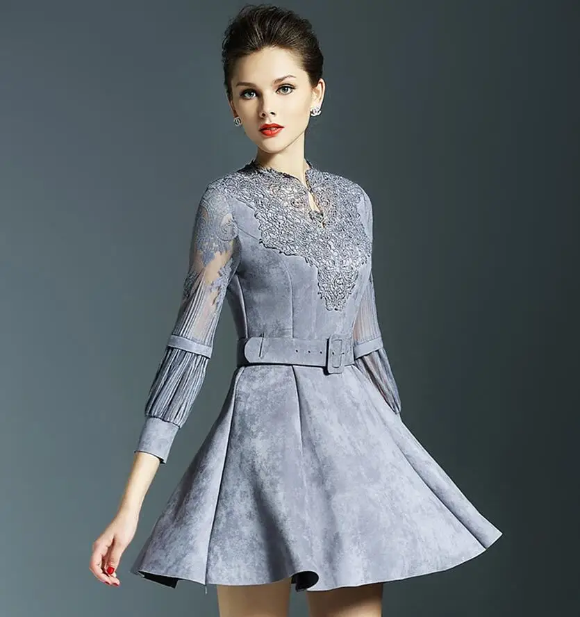 Зима 2017 модное женское платье замшевое сексуальное кружевное с длинным рукавом