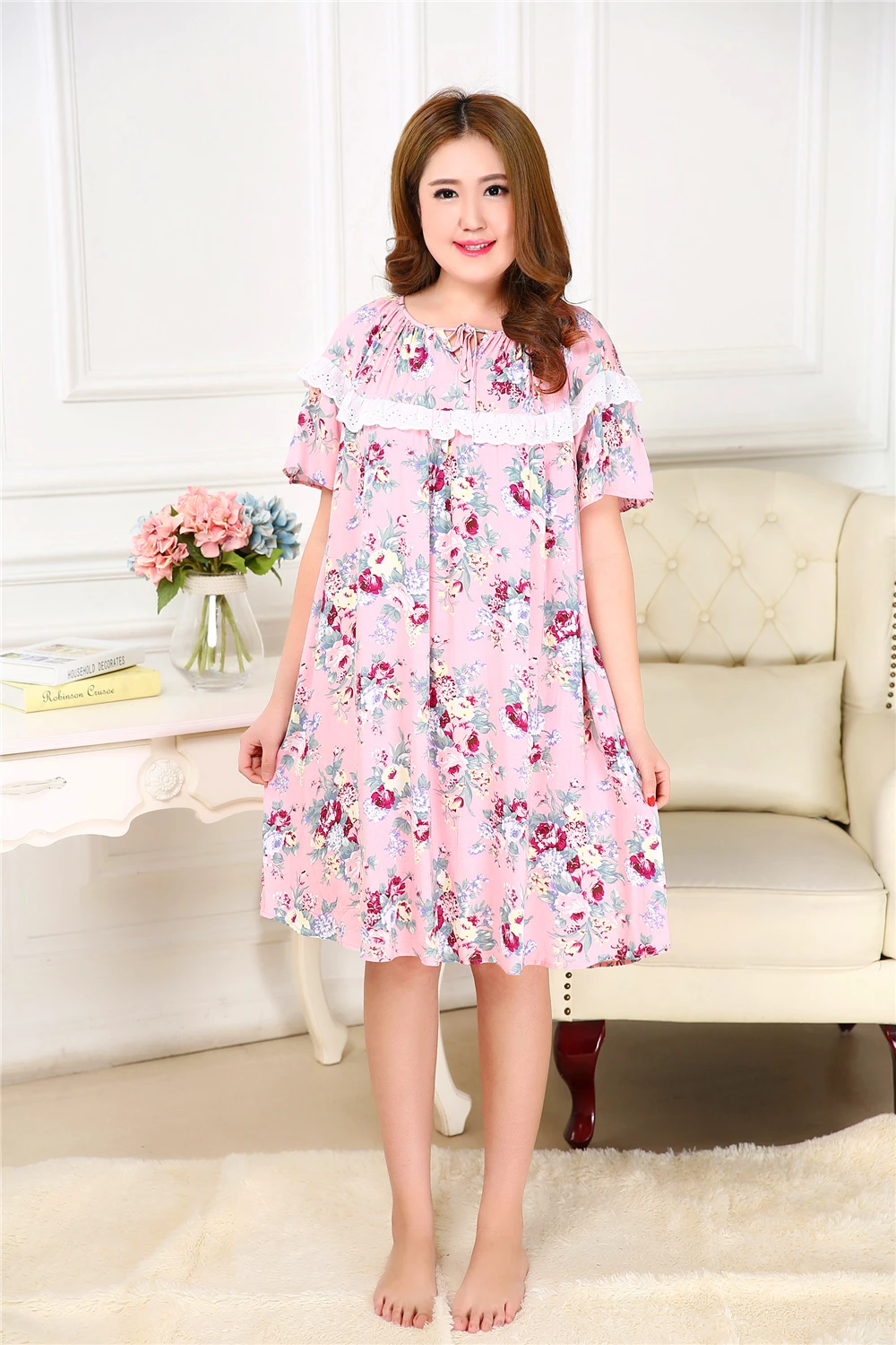 Женские летние Sleepdress плюс Размеры женский хлопок Sleepwea для жира взрослых Для Женщин Сплетенные Хлопок Homedress 4XL 5XL B-6684
