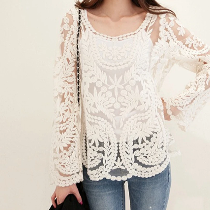 Ladies Handmade Crochet Summer Beach Lace Shirt Long Sleeve Women Bohemian Blouse Pullover