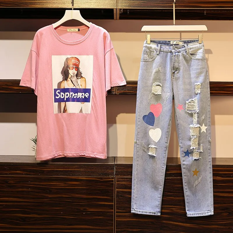 2020 летняя футболка с принтом Женские джинсовые штаны дырками Женский комплект из