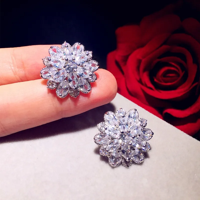 

S925 Stud Earrings For Women Silver Needles Snowflake Cubic Zirconia Fine Jewelry Temperament Bridal Wedding Brincos Accessories