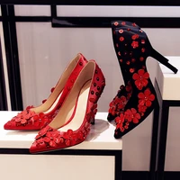 high quality handmade women pumps sweet beautiful red flowers sequins crystal pointed toe high heels luxury wedding party shoes