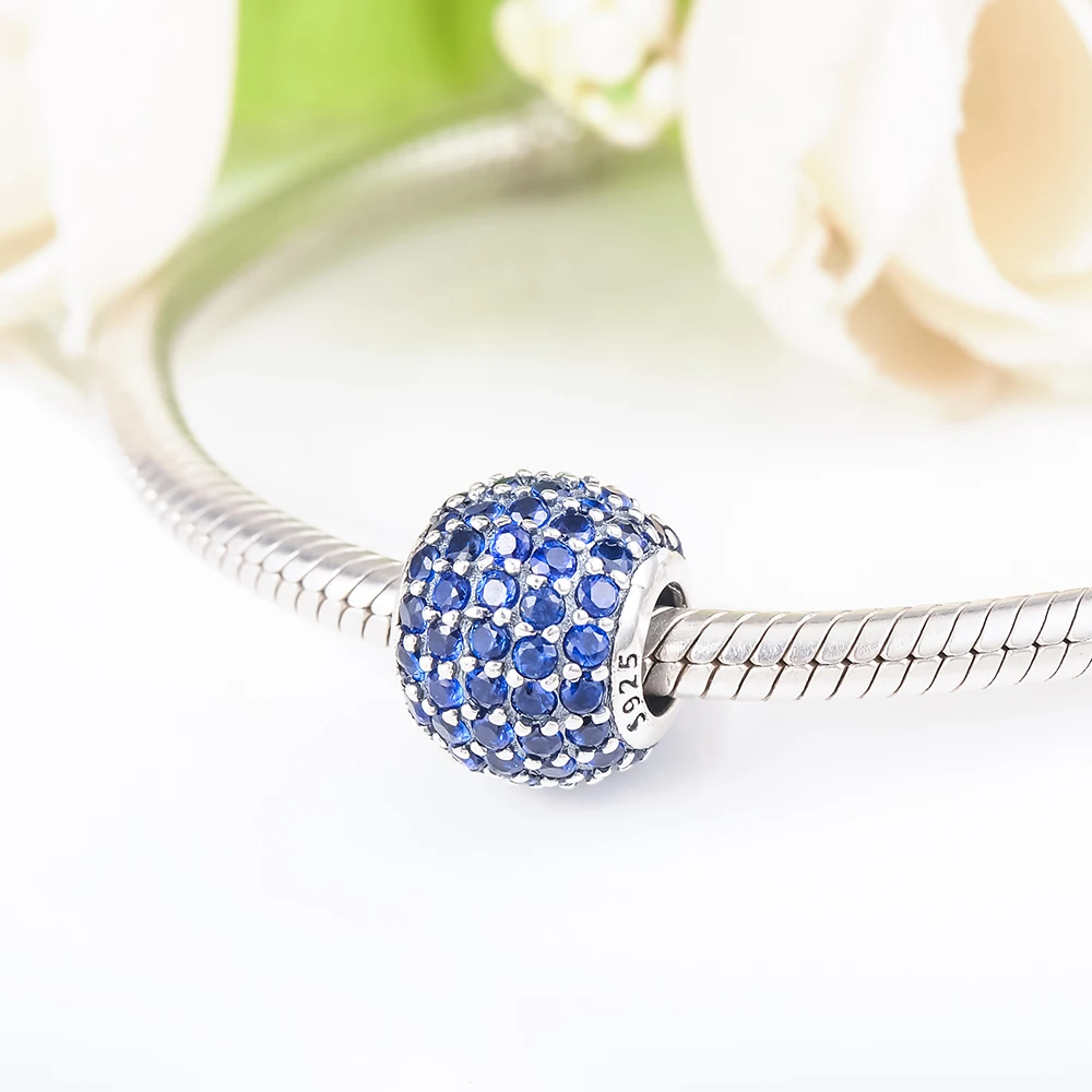 Suplush серебряные бусины 925 пробы ослепляющий синий фианит шар Teal Charm fit
