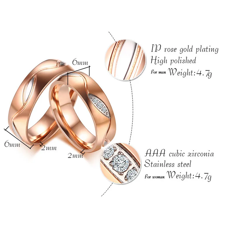 Engagement Ring for Women Men Cubic Zirconia Wedding Rose Gold-Color Stainless Steel Casamento Anel Jewelry | Украшения и