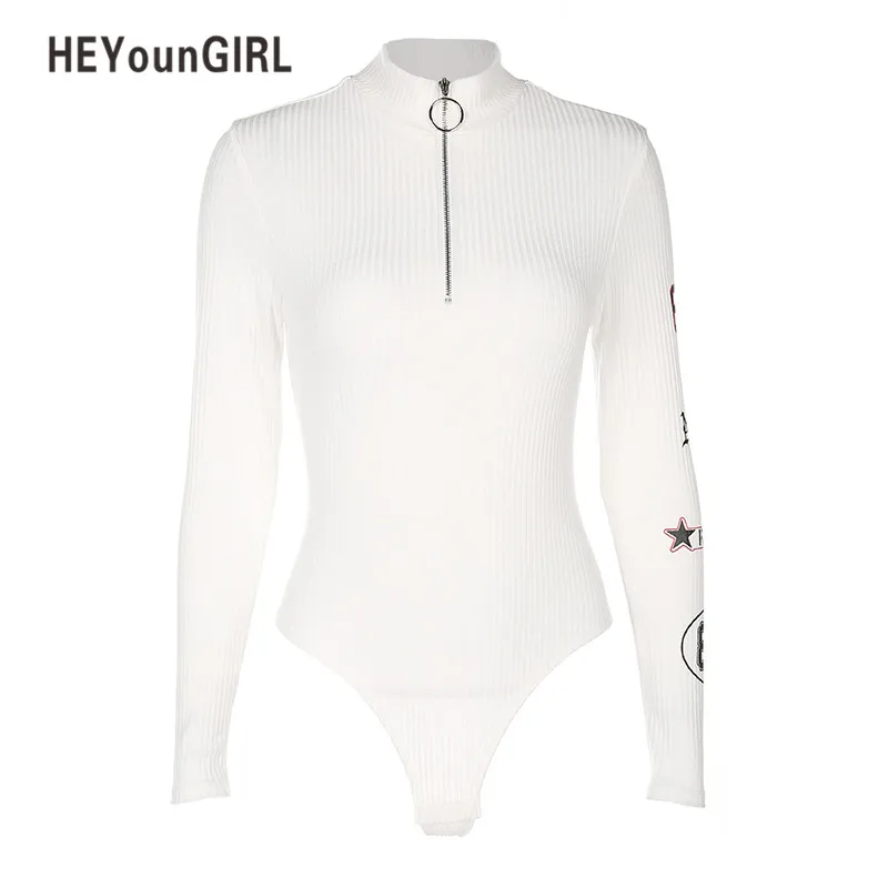 White HEYounGIRL боди с высоким воротом, боди с принтом, комбинезон, женский комбинезон с длинным рукавом, сексуальный тонкий комбинезон на молнии - Цвет: White