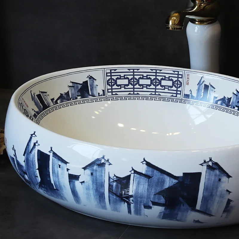 Сине белая фарфоровая настольная раковина Jingdezhen Новая китайская керамическая в