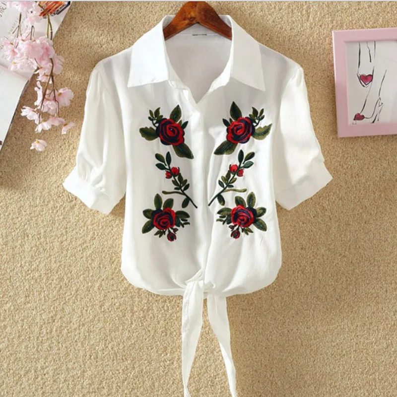 Рубашка женская белая с цветочной вышивкой в полоску летняя|Блузки| |