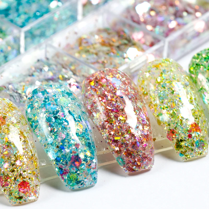 

12 Laser Colors Mixed Designs Glitter Nail Sequins Flower Decals Beauty 3D Nails Art Decoration Accessories Tools