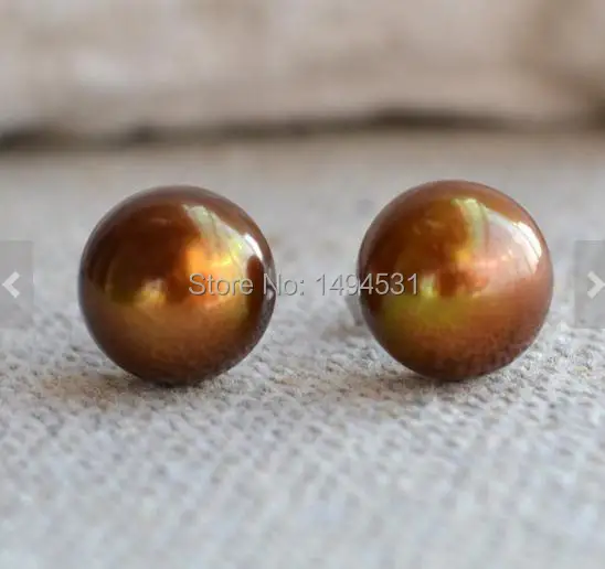 Свадебные жемчужные украшения AAA 10 мм коричневые серьги гвоздики из натурального