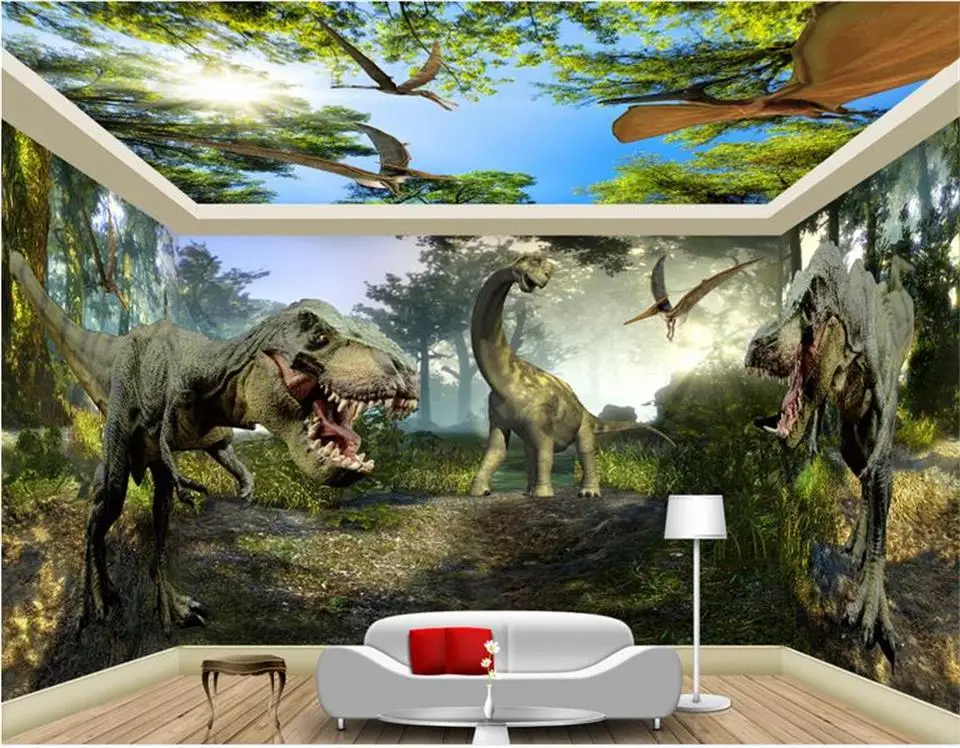 3d обои фотообои на заказ Фреска комната Юрского периода динозавры живопись фон