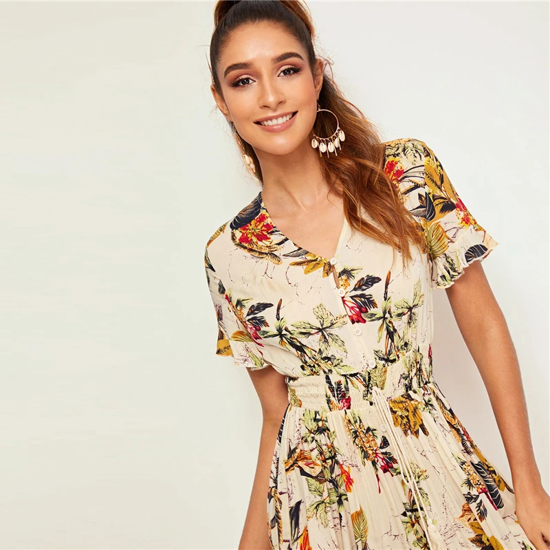 SHEIN платье с тропическим принтом и пуговицами на талии,, Boho, женское, абрикосовое, с рюшами, с завязками спереди, с v-образным вырезом, летнее платье