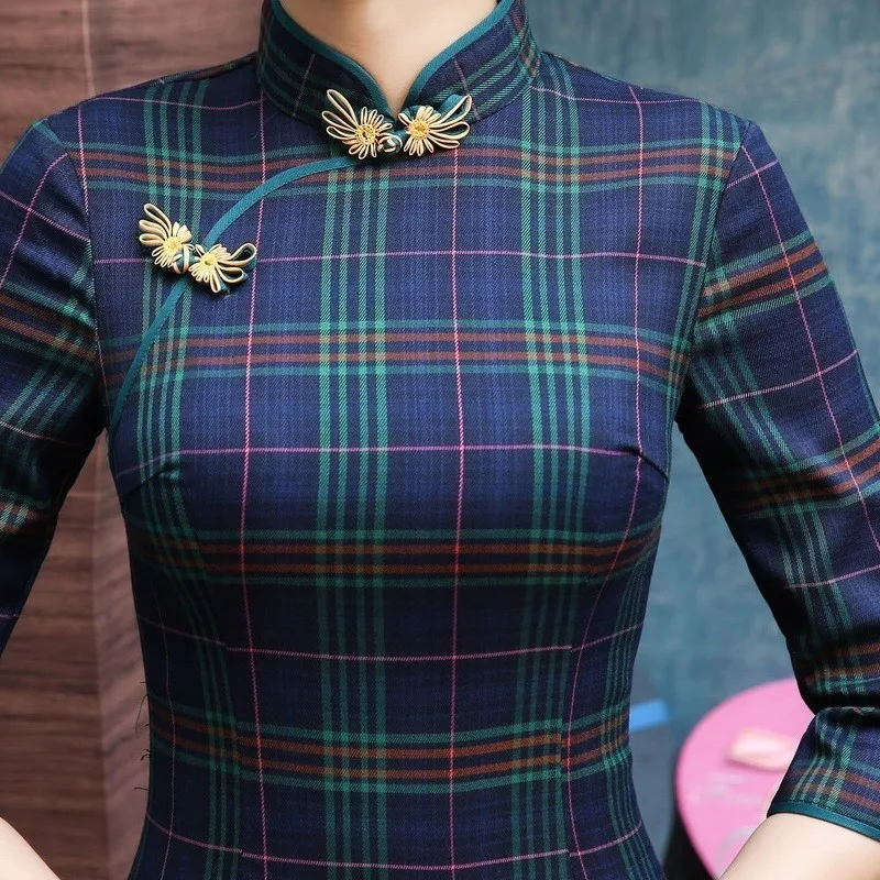 Sheng Коко Женская Полосатая сетка Qipao традиционный ченсам китайское платье решетки Восточная Ципао вечерние длинные Qi Pao платья