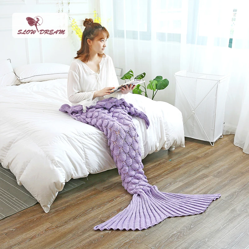 Вязаное одеяло ручной работы в виде рыбьей чешуи с хвостом русалки всесезонный