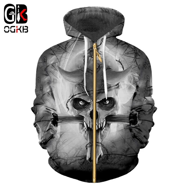 OGKB Hot Sale Cool Print Cross Skull 3d Zip Hoodies Sweatshirts Man Hiphop Long Sleeve Cardigan Coats Casual Hoodie Hoody 6XL | Мужская
