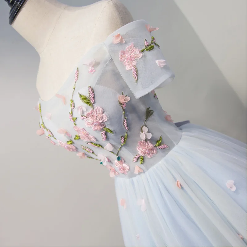 С открытыми плечами Короткие Цветы Аппликации Синий Тюль коктейльные платья на