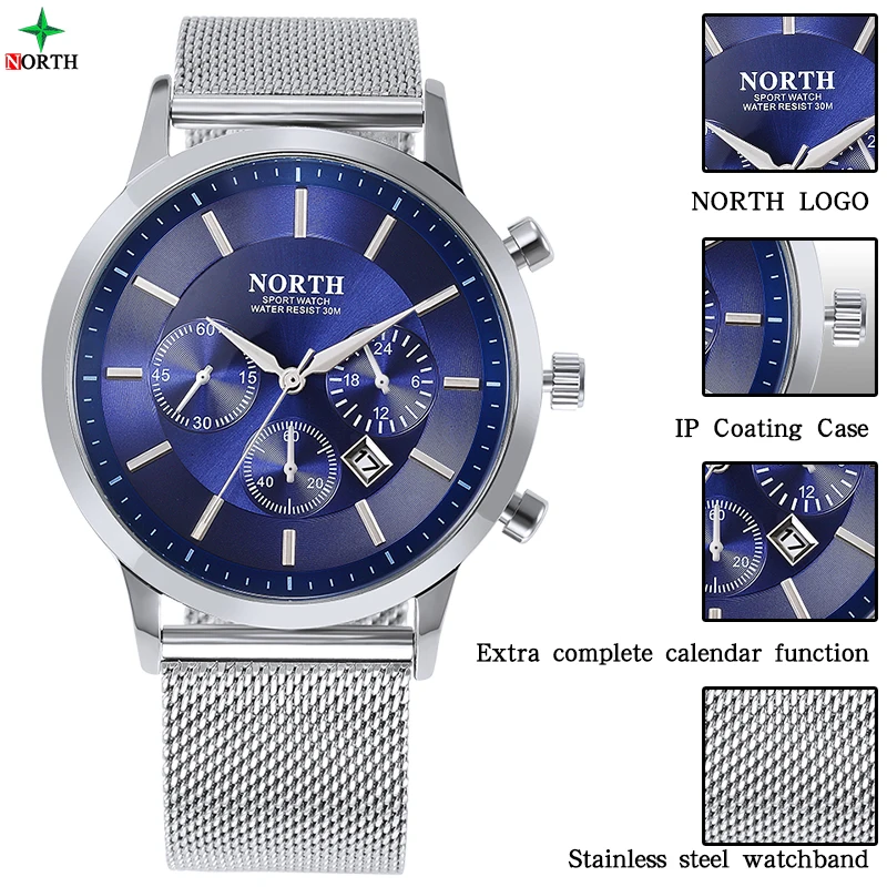 NORTH Men Watches Top Brand Luxury Business Quartz Watch Stainless steel Auto Date Sports Waterproof Relogio Masculino | Наручные часы