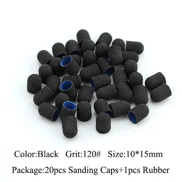 Black-120 grit 20шт 10*15 мм электрическое сверло для ногтей пластиковая основа шлифовальные колпачки резиновый захват фрезы для маникюра педикюра Дрель аксессуары - Цвет: Black-120 grit