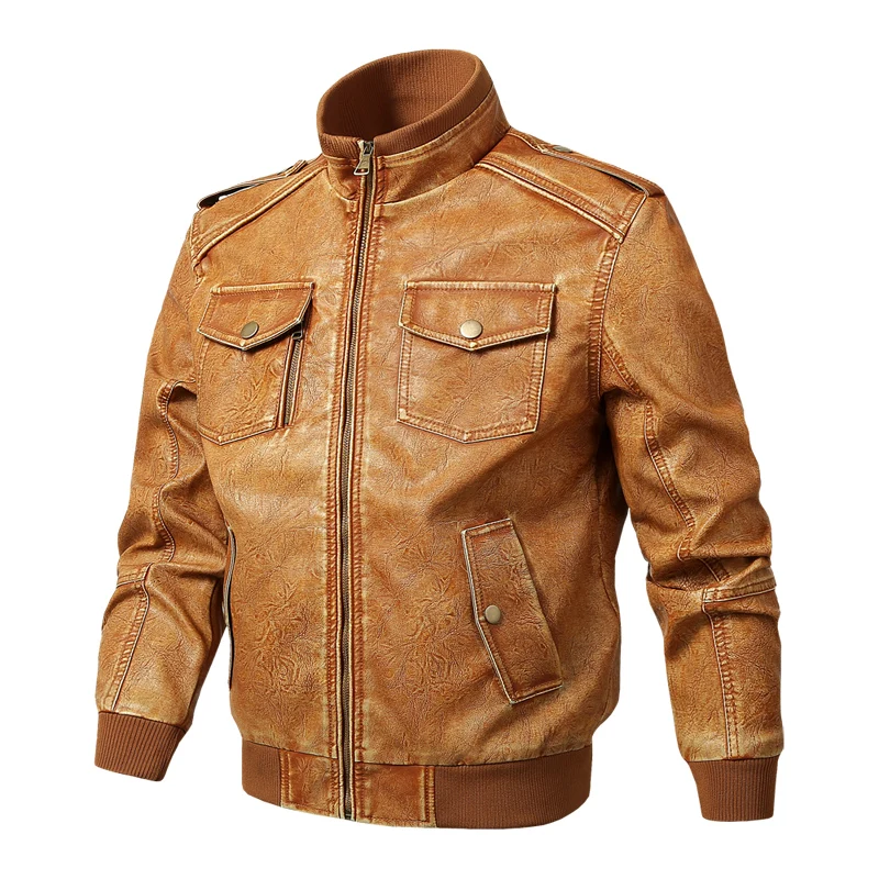 Цвет: желтый Leather jacket men motorcycle multi pocket zipper leather coat pu faux suede jacket male jaqueta couro motor montu Size 4XL 5XL - Цвет: Цвет: желтый