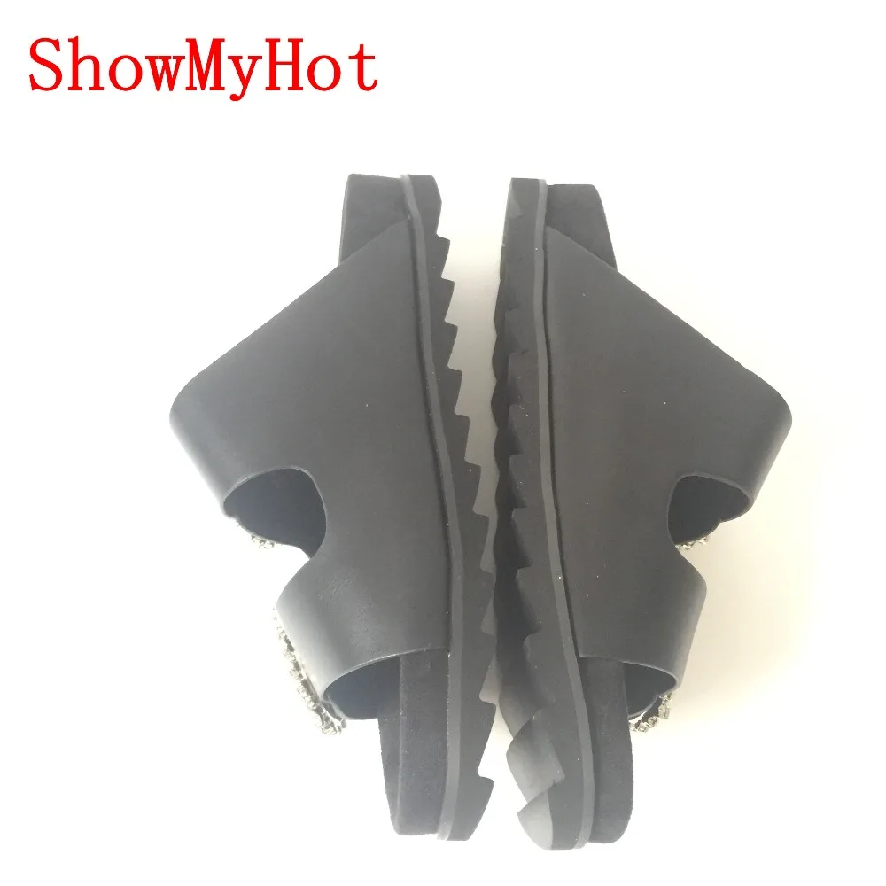 ShowMyHot/женские шлепанцы из натуральной кожи с открытым носком пряжкой стразы