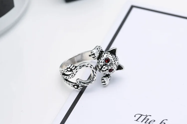 Женское кольцо в стиле ретро серебристое с котом регулируемый размер | Украшения