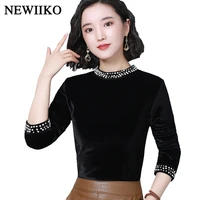 fashion winter women elegance turtleneck office lady tops long sleeve beading solid color with velvet thickening velour shirts