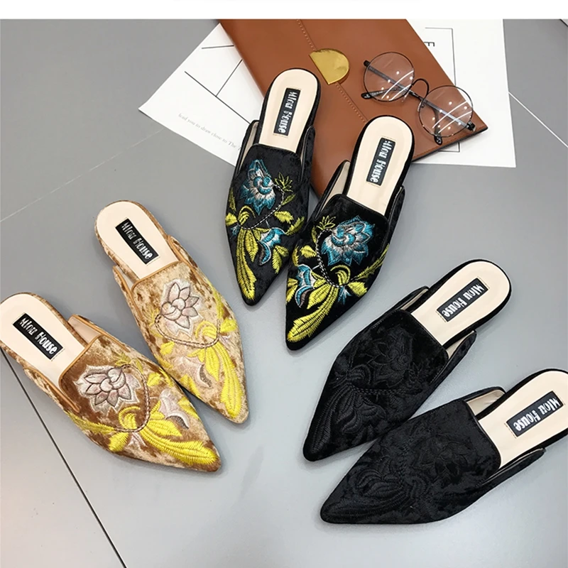 Золотые бархатные туфли без задника женские тапочки с вышитыми цветами мокасины