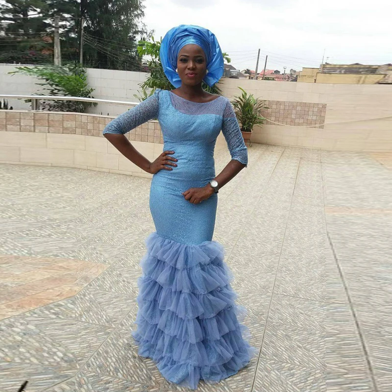 Асо Ebi Небесно Голубой Вечернее Платье Половина Рукава Русалка Формальное платье