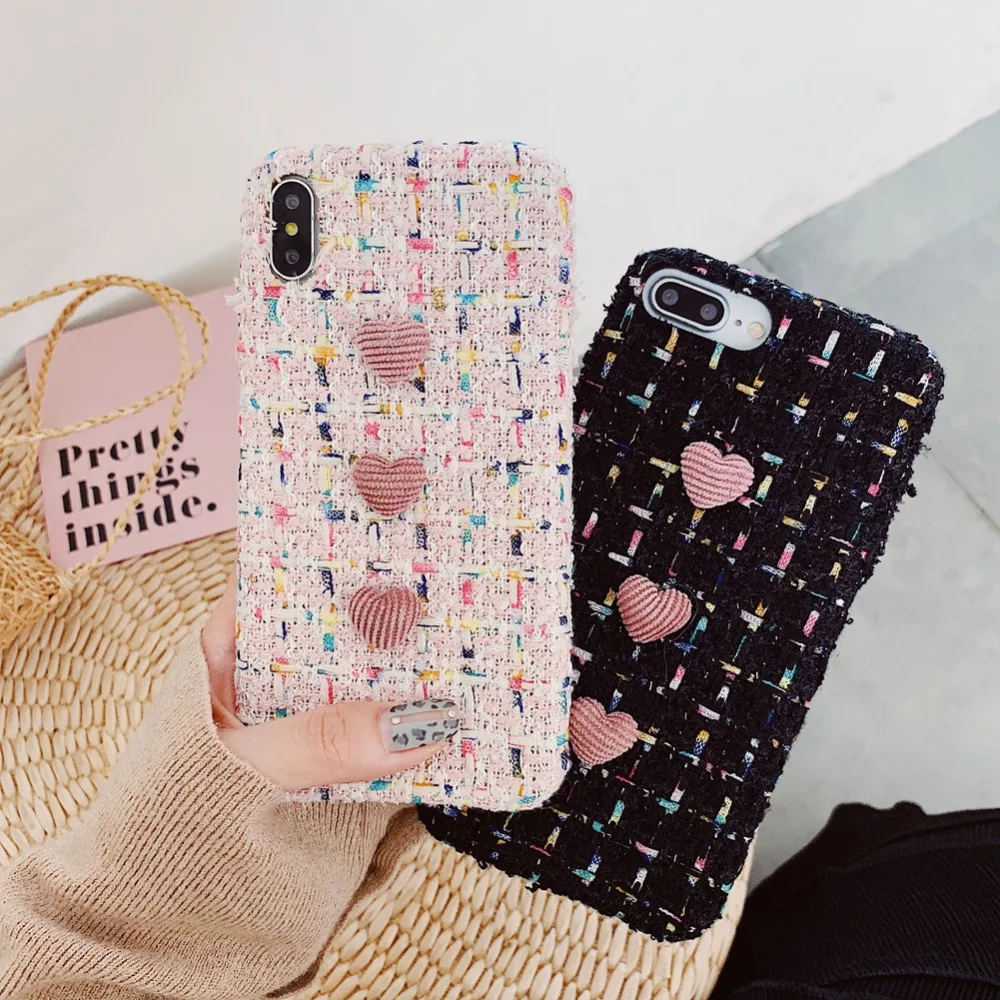 Fashion Woven Phone Case For iphone 6 6s 7plus 8 plus cover for X Xs max Xr love heart back pink/black/white capa |