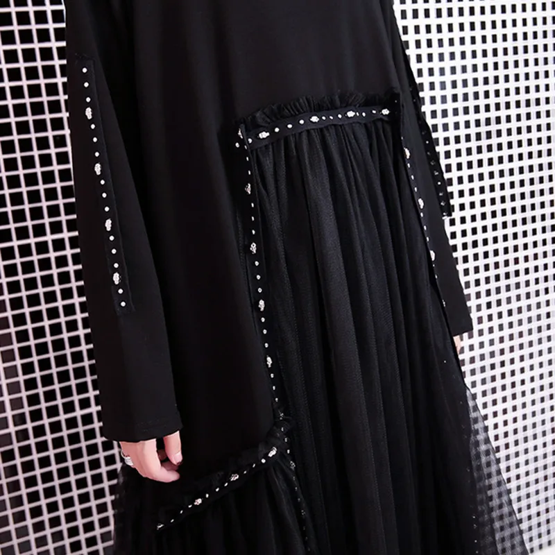 

Johnature 2021 New Streetwear Rivet Patchwork Solid Color Dresses 2021 Spring Loose Women Full-sleeve Mesh O-neck Dress