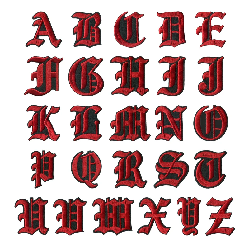 

Font Embroidery patches RED and BLACK English Alphabet Letters A-Z Mixed Embroidered Sew on badge Iron On Patches For Clothing