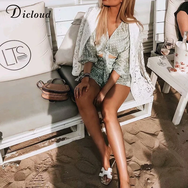 DICLOUD Sexy Горошек Галстук бабочка кроп топ Женщины Лето Осень 2019 V шеи Блузки с
