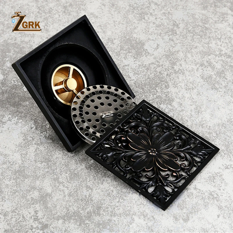 zgrk square black brass shower drain strainer floor cover balcony bathroom bath accessories grate waste 1010 floor drain free global shipping