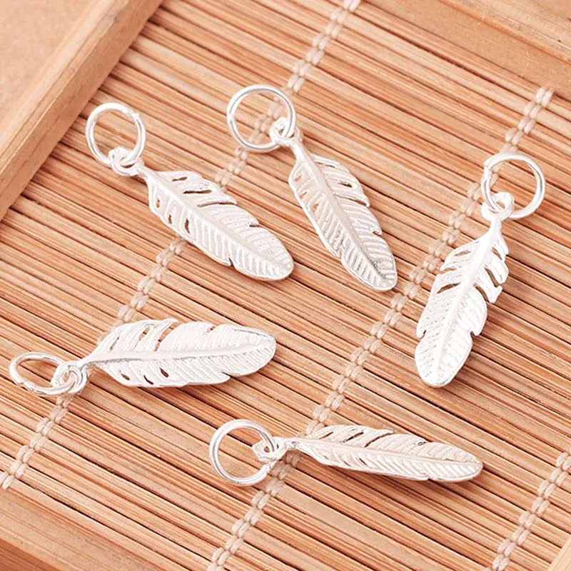 Real Pure Solid 925 Sterling Silver Feather Pendant Women Tassel Leaf Pendants Necklace Bracelet Jewelry Making Findings Charms | Украшения
