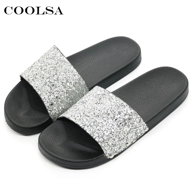 Coolsa новый летний Для женщин шлепанцы Bling Шлёпанцы для сверкающими Блёстки