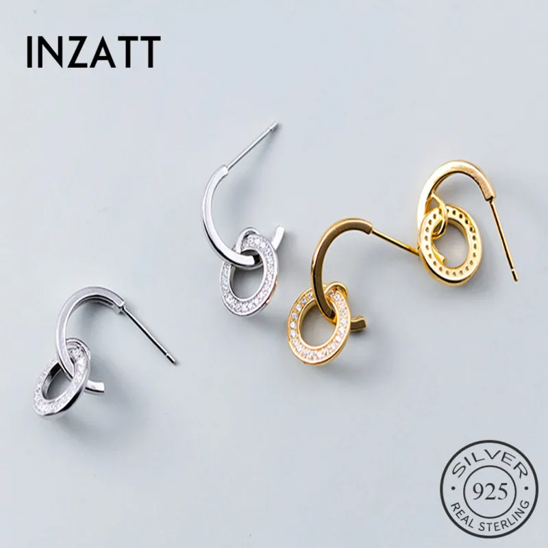 INZATT, настоящее 925 пробы, серебряные, геометрические, циркониевые, круглые серьги-гвоздики для элегантных женщин, хорошее ювелирное изделие, милые аксессуары, подарок