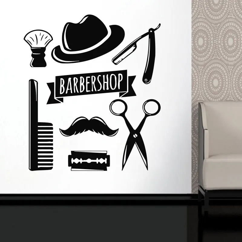 

Man Barber Shop Decal Hair Cut Tools Vinyl Wall Sticker Stylist Hairdresser Man Face Salon Window Decal Waterproof Murals BA23