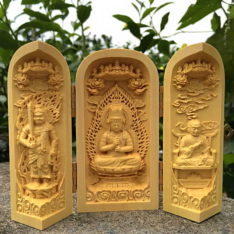 Изысканный Empaistic натуральный резьба из самшита Будда в западном стиле свитой три