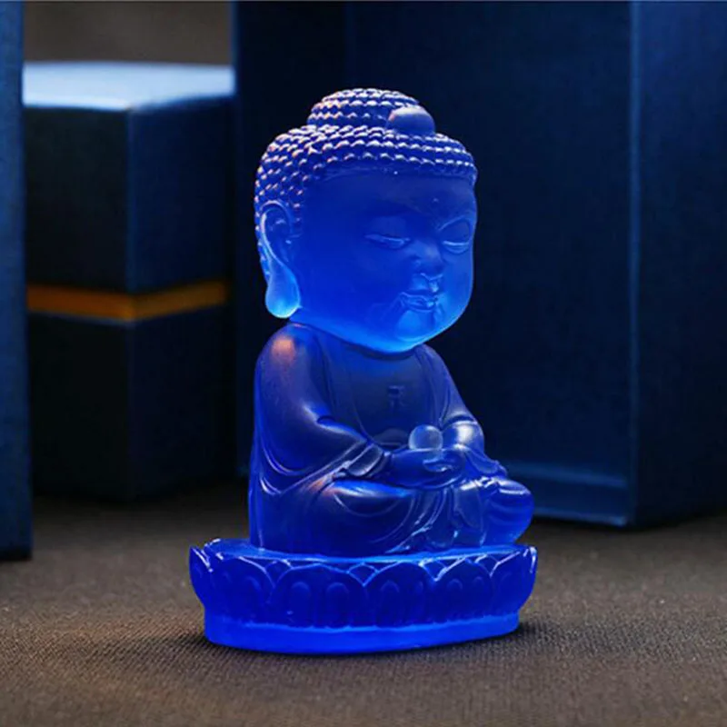 

Glazed Glass Crafts Crystal Gautama Buddha Sculpture Blue Figurines Statue Furnishing Fengshui Ornaments Home Car Decor Gifts
