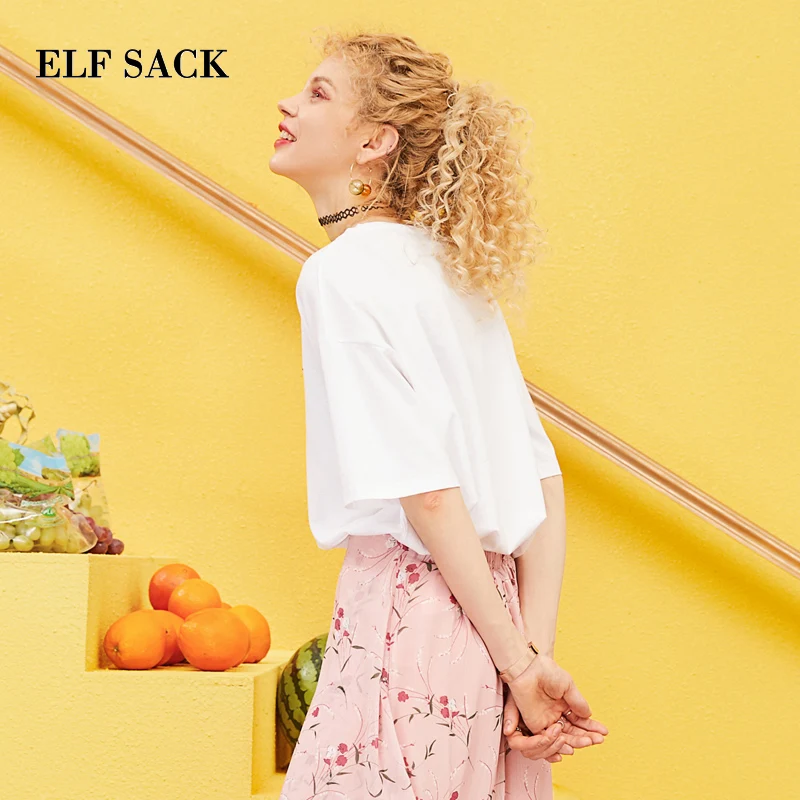 ELFSACK весна 2019 новинка Хлопковая женская футболка повседневная тканая короткая с