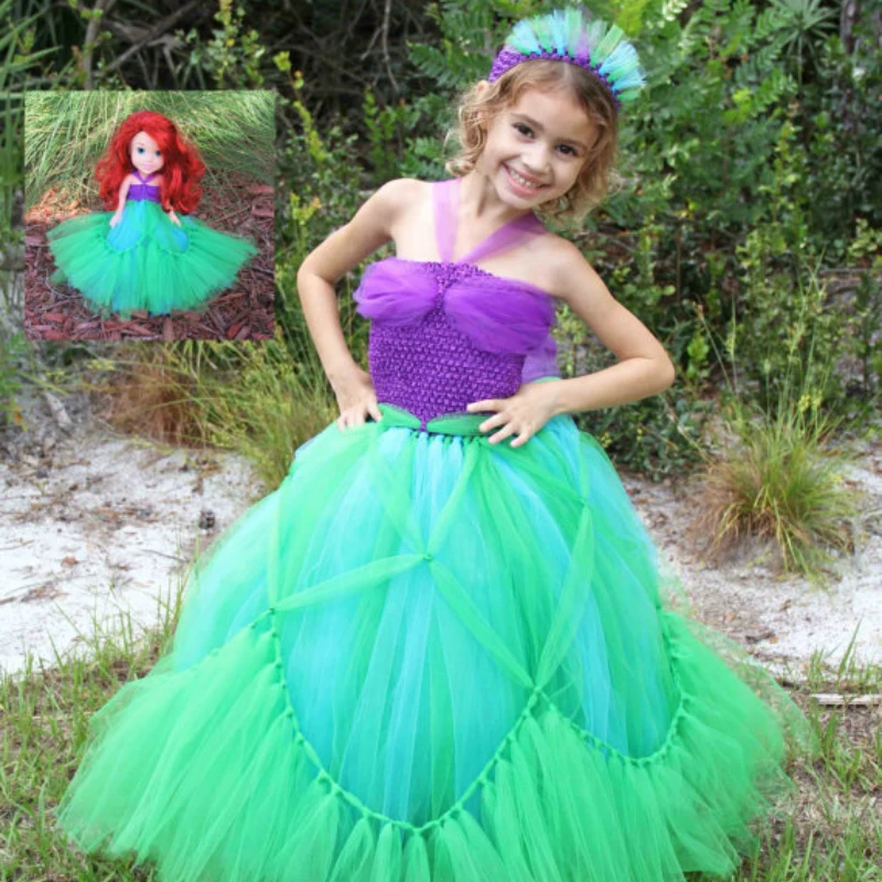 Платья-пачки для девочек в стиле принцессы Ариэль Фиолетовые и зеленые