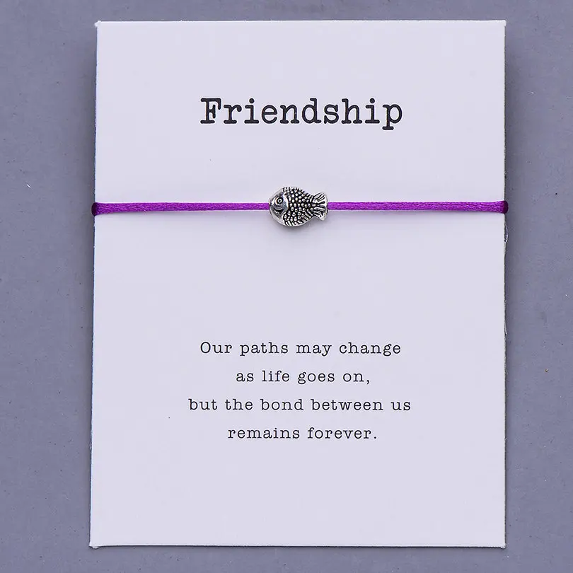 dk purple with card Pipitree Мини Рыба Шарм счастливый браслет желаний женщин мужчин детей подарок красная струна Frienship браслеты ювелирные изделия регулируемый браслет - Окраска металла: dk purple with card