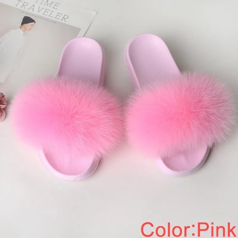 Pink Меховые шлепанцы; женские летние шлепанцы; пушистая домашняя обувь; женские Вьетнамки с мехом; женские сандалии; Роскошная модная меховая обувь розового цвета; коллекция года - Цвет: Pink