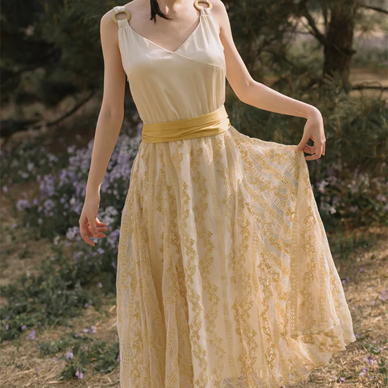 Милое летнее длинное платье Sweet Cross с треугольным вырезом поясом и поясом|Женские