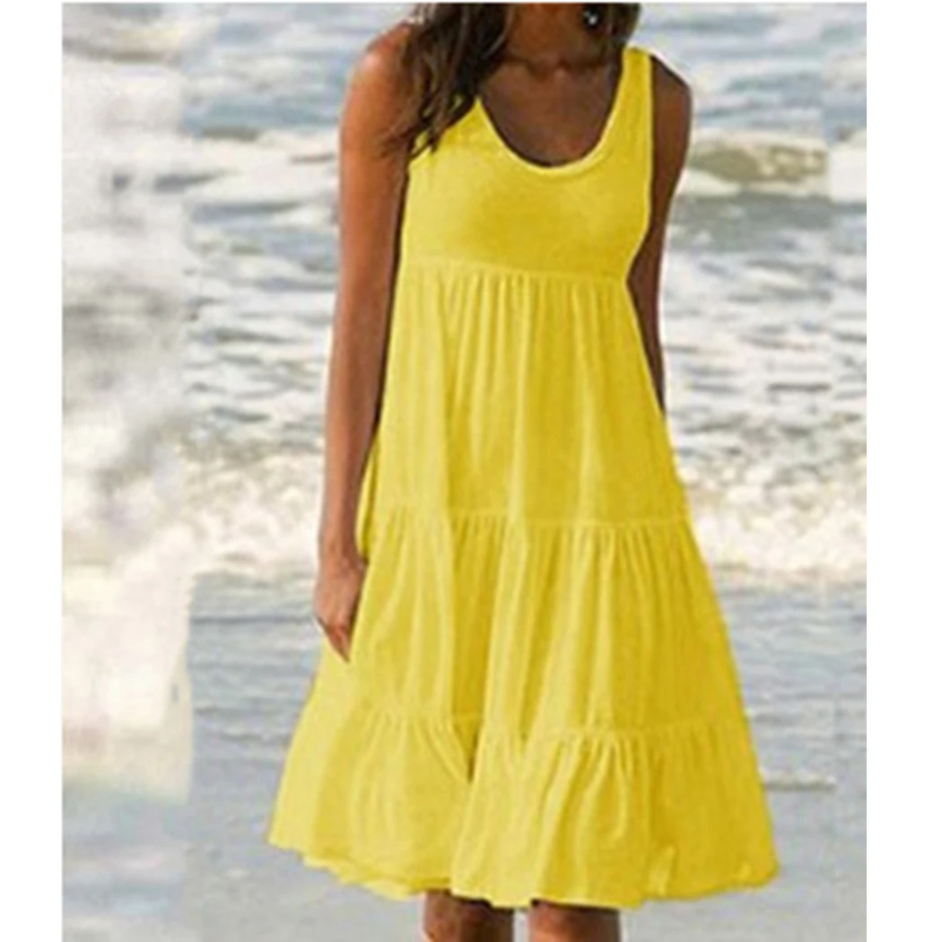 Женское праздничное платье на бретелях с рюшами 2019 летнее однотонное пляжное без